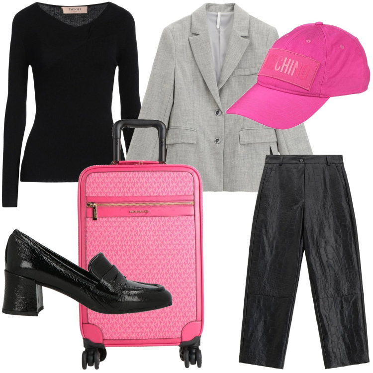 Outfit donna - Il trolley funzionale. Stile Casual per Tutti i giorni. Abbinamento con valigie, pullovers, mocassini, cappelli con visiera, pantaloni, blazer.
