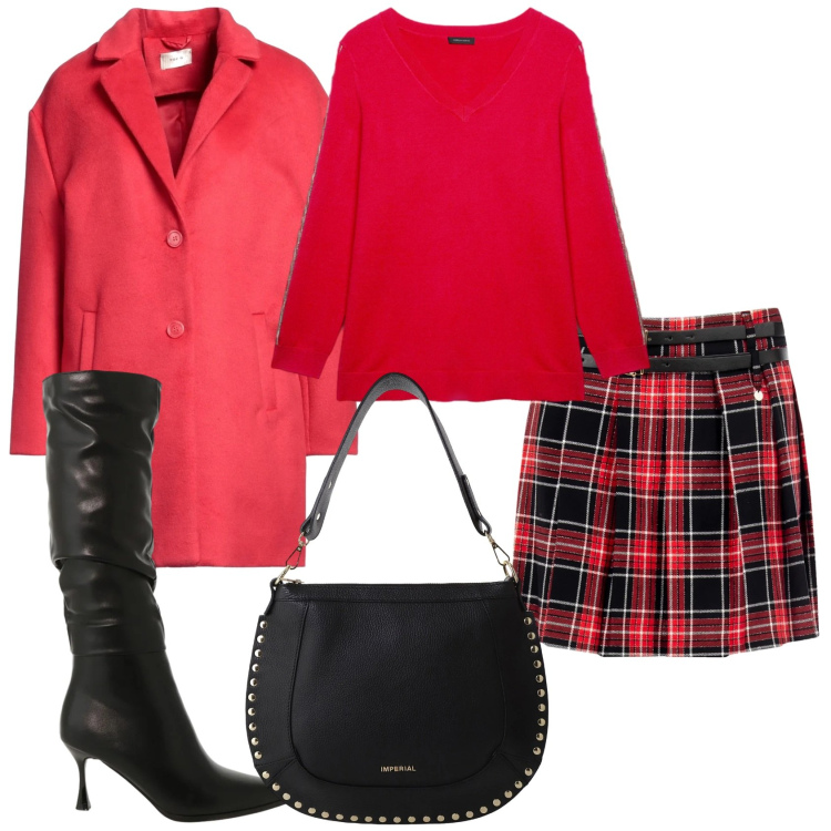 Outfit donna - Scozzese rosso. Stile Casual chic per Tutti i giorni. Abbinamento con cappotti, minigonne, borse a spalla, stivali sopra il ginocchio, maglieria.