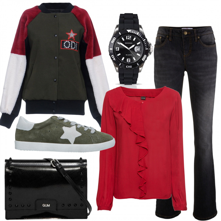 Outfit donna - Al lavoro in bomber e sneakers. Stile Urban per Ufficio. Abbinamento con jeans bootcut, blusa con volant e scollo rosso, giubbotto, sneakers tennis, borsa a tracolla con borchie e zip con tasca interna, orologi.