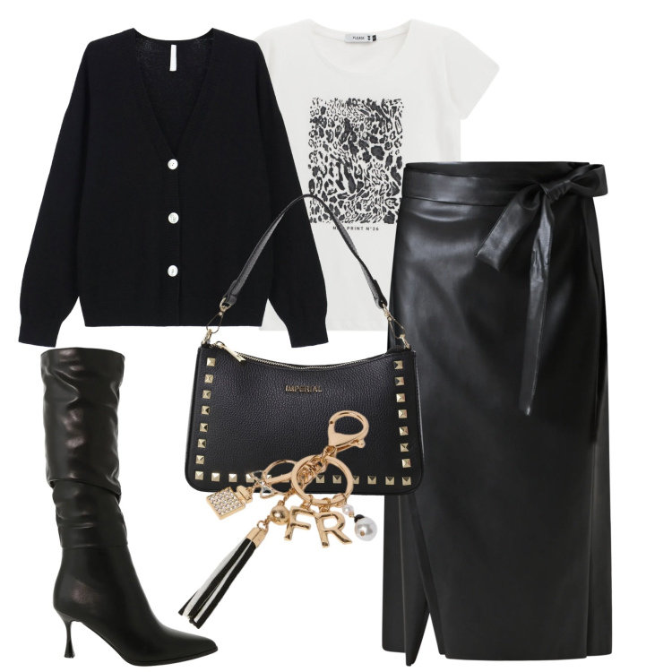 Outfit donna - City. Stile Urban per Tutti i giorni. Abbinamento con t-shirt, gonne longuette, cardigans, stivali sopra il ginocchio, pochette, portachiavi.