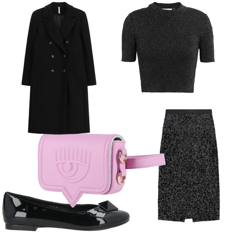 Outfit donna - Il completo glitterato. Stile Glamour per Serata fuori. Abbinamento con pullovers, ballerine, marsupi, gonne longuette, cappotti.