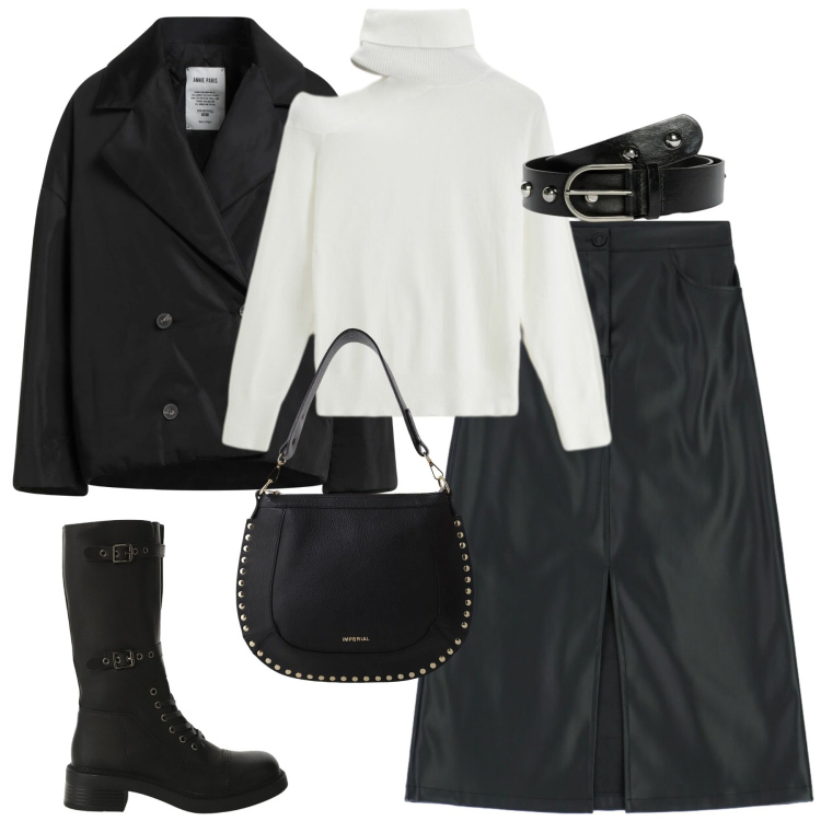 Outfit donna - City. Stile Rock per Tutti i giorni. Abbinamento con caban, borse a spalla, gonne longuette, stivali, maglieria, cinture.