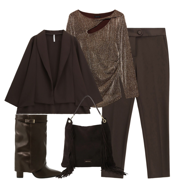 Outfit donna - Un tocco di luce. Stile Trendy per Tutti i giorni. Abbinamento con blazer, borse a spalla, pantaloni, stivali, bluse.