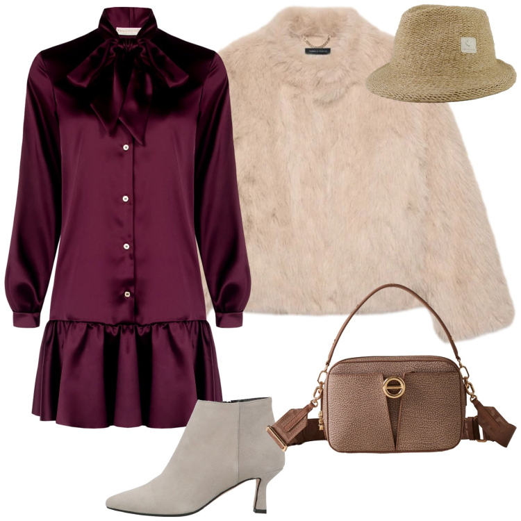 Outfit donna - Festa natalizia. Stile Glamour per Cerimonia. Abbinamento con stivaletti, vestiti chemisier, borse a spalla, cappelli, ecopellicce.