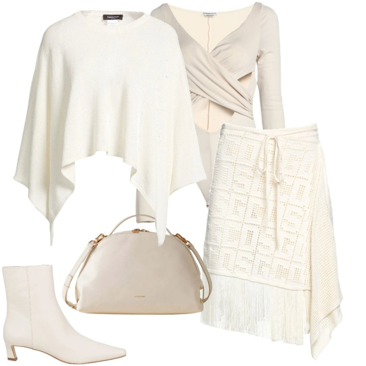 Outfit donna - Bianca come la neve. Stile Chic per Serata fuori. Abbinamento con stivaletti, cappotti, minigonne, body, borse a mano.