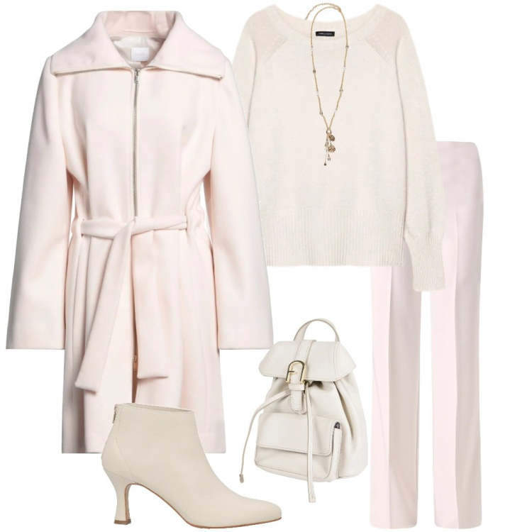 Outfit donna - Bianca come la neve. Stile Casual chic per Tutti i giorni. Abbinamento con stivaletti, cappotti, zaini, pantaloni a palazzo, maglieria, ciondoli.