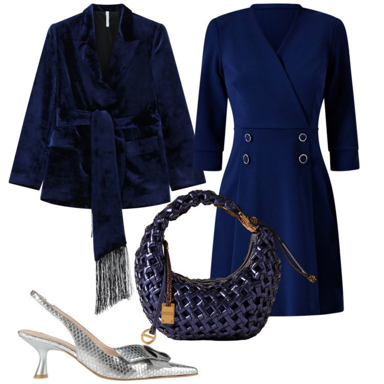 Outfit donna - Le feste in blu. Stile Chic per Cerimonia. Abbinamento con décolleté, vestiti corti, blazer, borse a mano.