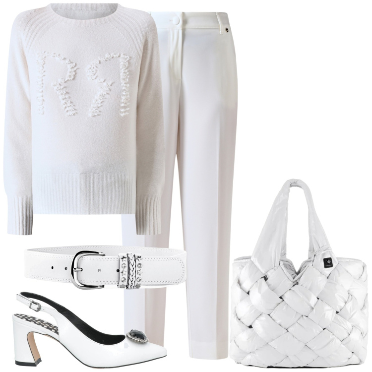 Outfit donna - Candore a dicembre. Stile Glamour per Tutti i giorni. Abbinamento con cinture, décolleté, pantaloni, maglieria, borse tote.