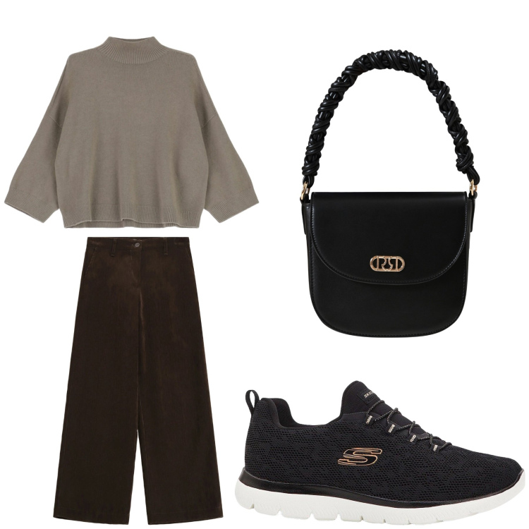 Outfit donna - Aperitivo. Stile Trendy per Tutti i giorni. Abbinamento con sneakers, pantaloni, borse a mano, maglieria.