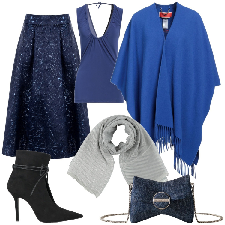 Outfit donna - Bellissima mantella con frange. Stile Romantica per Serata fuori. Abbinamento con stivaletti, cappe, top, sciarpe, gonne longuette, borse a spalla.