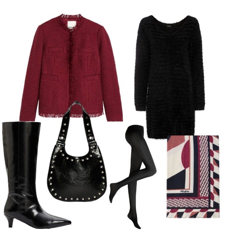 Outfit donna - Black and bordeaux. Stile Bon Ton per Serata fuori. Abbinamento con collant, vestiti lunghi, cappotti, stivali, borse a spalla, foulard.