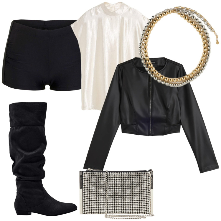 Outfit donna - Semplice e Splendente. Stile Glamour per Serata fuori. Abbinamento con stivali, top, pantaloni corti, pochette, giacche, collane.
