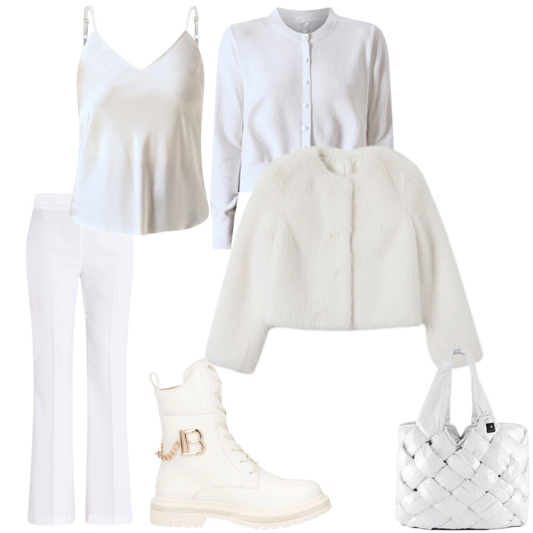 Outfit donna - Total white. Stile Casual chic per Tutti i giorni. Abbinamento con anfibi, pantaloni, top, cardigans, ecopellicce, borse tote.