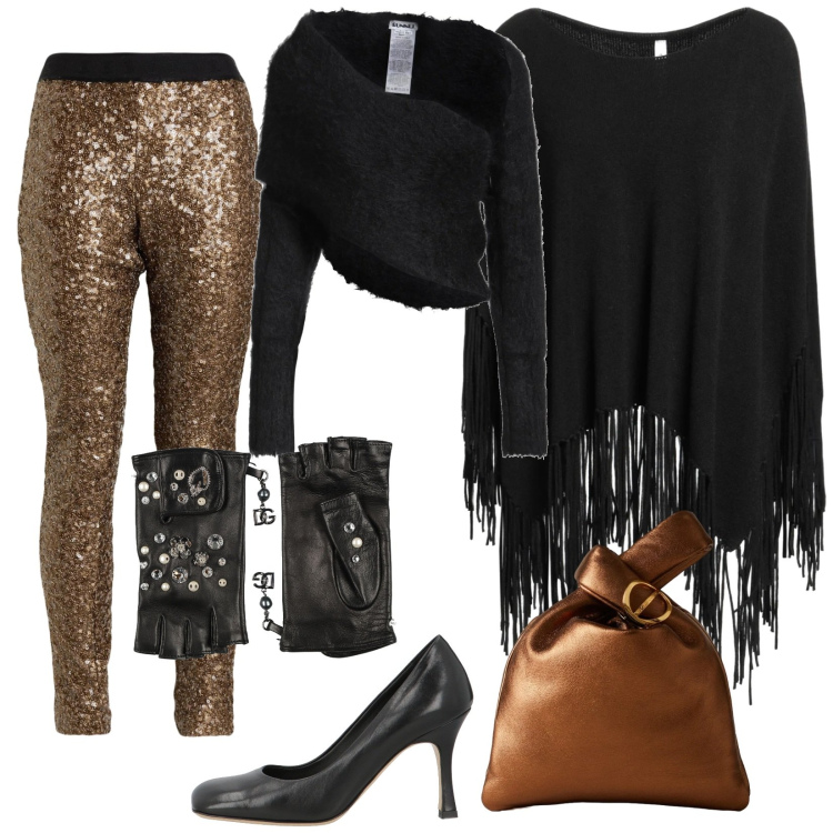 Outfit donna - Perline, strass dorati. Stile Glamour per Serata fuori. Abbinamento con cappotti, pantaloni, décolleté, top, guanti, borse a mano.