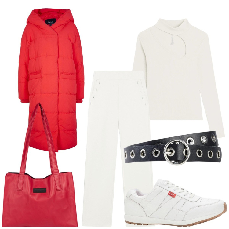Outfit donna - Woman White. Stile Casual per Tutti i giorni. Abbinamento con sneakers, cinture, piumini, pantaloni, shopping bag, maglieria.