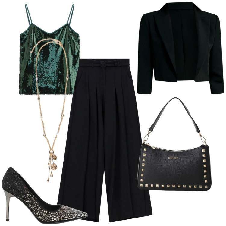 Outfit donna - Tanta luce. Stile Glamour per Serata fuori. Abbinamento con décolleté, top, bolero, pantaloni a palazzo, pochette, ciondoli.