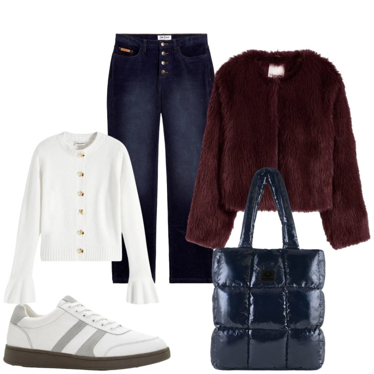 Outfit donna - Casual look. Stile Casual per Tutti i giorni. Abbinamento con pantaloni, ecopellicce, cardigans, sneakers, shopping bag.