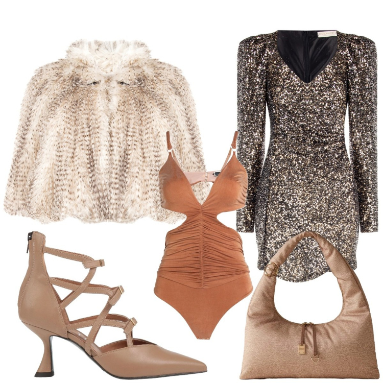 Outfit donna - Polvere di luce. Stile Glamour per Cerimonia. Abbinamento con body, décolleté, ecopellicce, vestiti corti, borse a mano.
