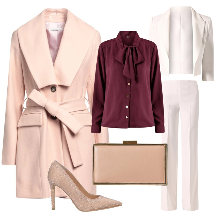 Outfit donna - Sfumature di classe. Stile Romantica per Cerimonia. Abbinamento con cappotti, décolleté, pantaloni a palazzo, blazer, pochette, bluse.