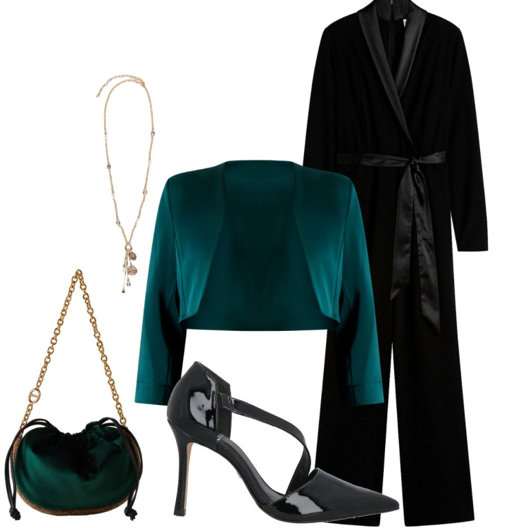 Outfit donna - Look per donna curvy. Stile Chic per Serata fuori. Abbinamento con tute, décolleté, bolero, borse a spalla, ciondoli.