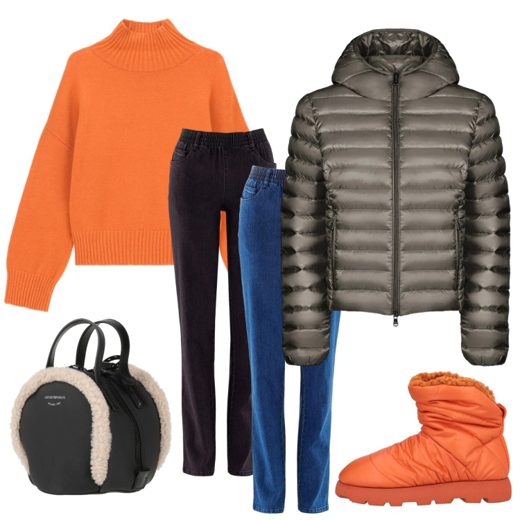 Outfit donna - Orange energy. Stile Casual per Tutti i giorni. Abbinamento con zaini, stivaletti, jeans dritti, maglieria, bomber.