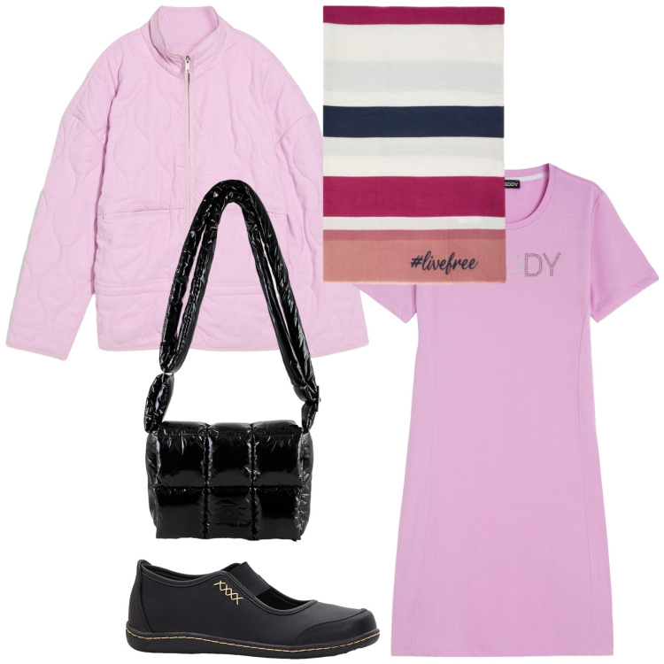 Outfit donna - Il lilla in inverno. Stile Basic per Tutti i giorni. Abbinamento con ballerine, giacche, vestiti lunghi, borse a spalla, sciarpe.