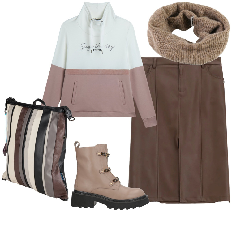 Outfit donna - Comodamente calda e trendy. Stile Trendy per Tutti i giorni. Abbinamento con zaini, stivaletti, gonne, felpe, scaldacollo.