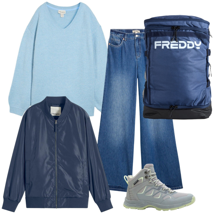 Outfit donna - Uno zaino per la vacanza. Stile Casual per Tutti i giorni. Abbinamento con jeans, bomber, maglieria, stivaletti, zaini.