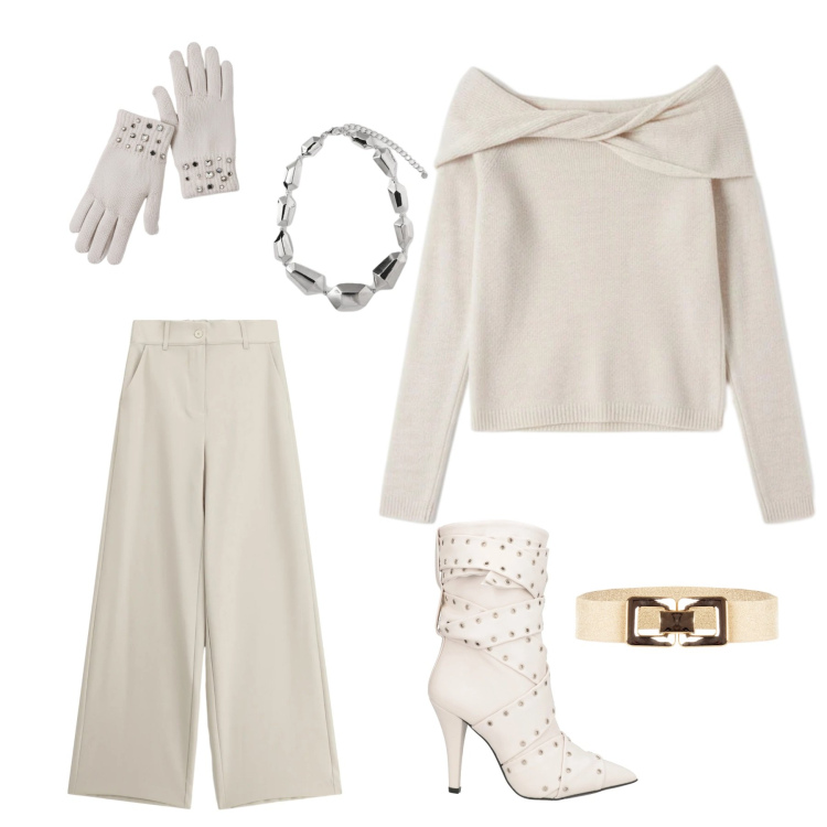 Outfit donna - Chic sulla neve. Stile Casual chic per Tutti i giorni. Abbinamento con stivaletti, maglieria, guanti, cinture, pantaloni a palazzo, ciondoli.