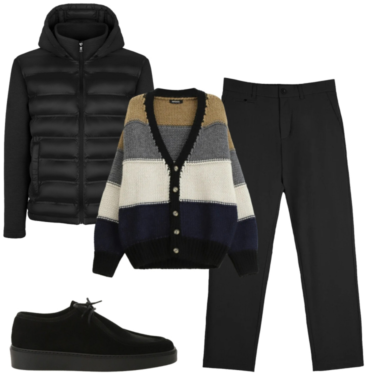 Outfit uomo - City. Stile Urban per Tutti i giorni. Abbinamento con scarpe stringate, cardigans, pantaloni chino, piumini.