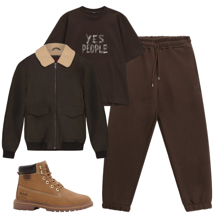 Outfit uomo - Total look #2305970. Stile Casual per Tutti i giorni. Abbinamento con stivali e stivaletti, pantaloni, t-shirt, bomber.