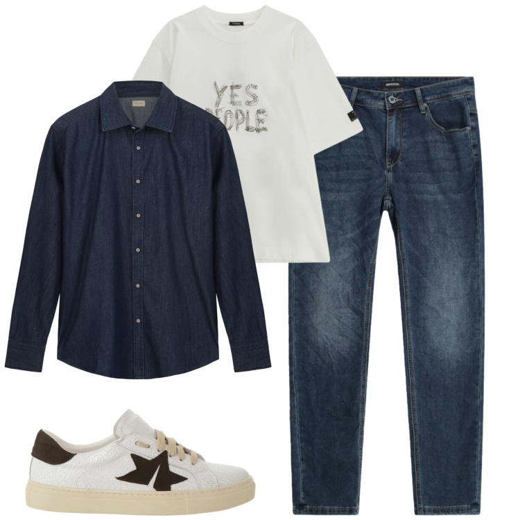 Outfit uomo - Denim. Stile Casual per Tutti i giorni. Abbinamento con t-shirt, jeans slim fit, sneakers, camicie.