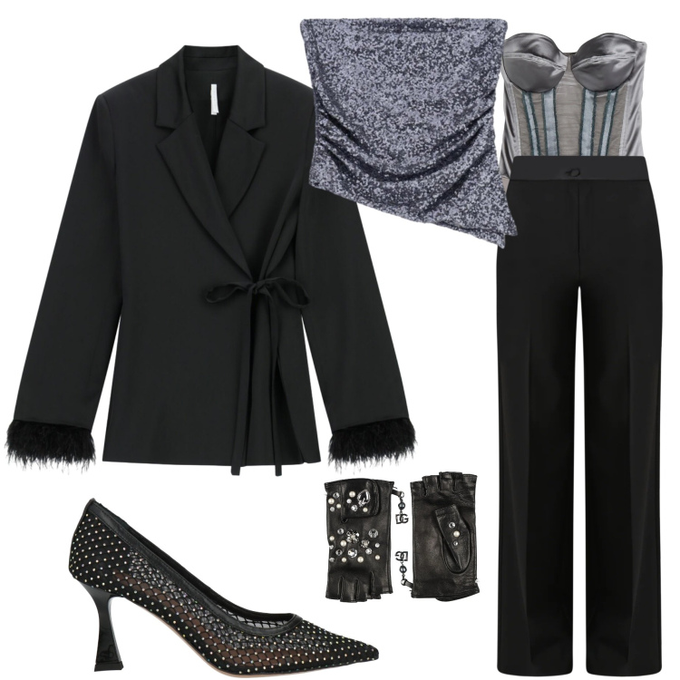 Outfit donna - Party Ready. Stile Chic per Serata fuori. Abbinamento con body, guanti, décolleté, pantaloni a palazzo, top, blazer.