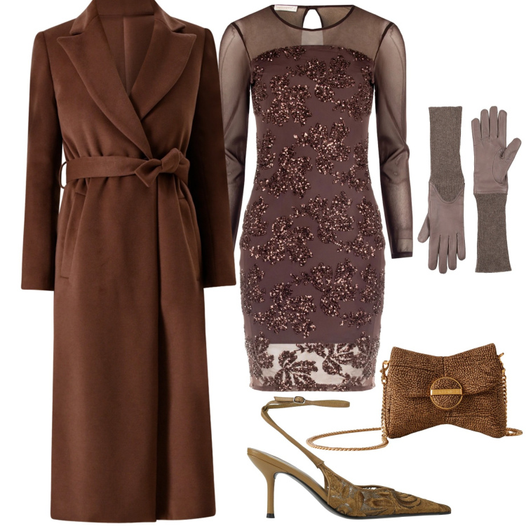 Outfit donna - Party Ready. Stile Chic per Serata fuori. Abbinamento con guanti, décolleté, vestiti a tubino, cappotti, pochette.