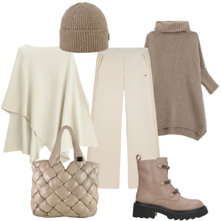 Outfit donna - Dicembre a tinte naturali. Stile Minimal per Tutti i giorni. Abbinamento con stivaletti, maglieria, maglieria, pantaloni, borse tote, berretti.