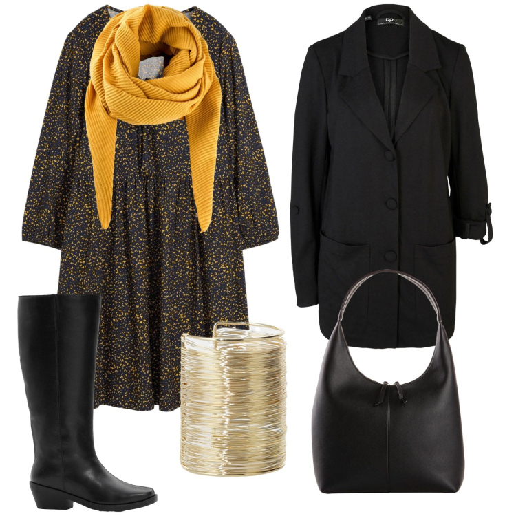 Outfit donna - Il vestito comodo. Stile Trendy per Tutti i giorni. Abbinamento con foulard, vestiti, blazer, shopping bag, stivali, braccialetti.