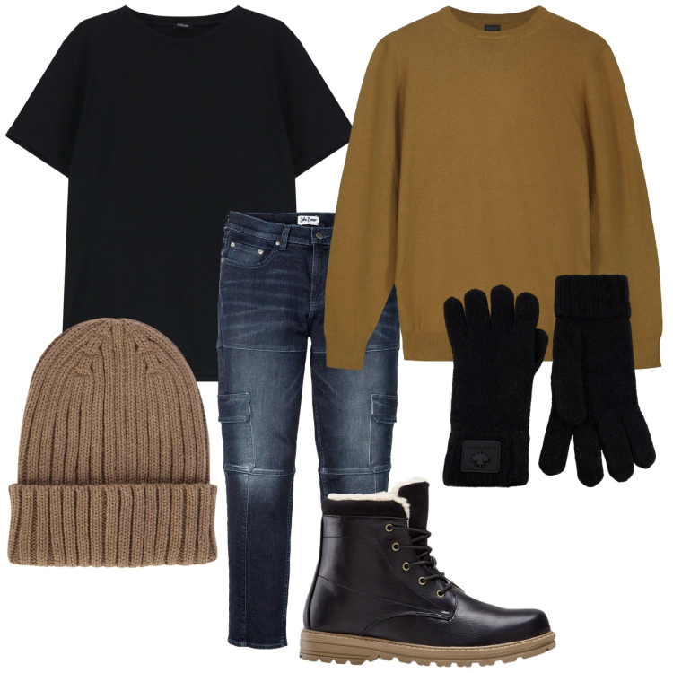 Outfit uomo - Total look #2306062. Stile Casual per Tutti i giorni. Abbinamento con jeans slim fit, stivali e stivaletti, t-shirt, guanti, berretti, maglieria.