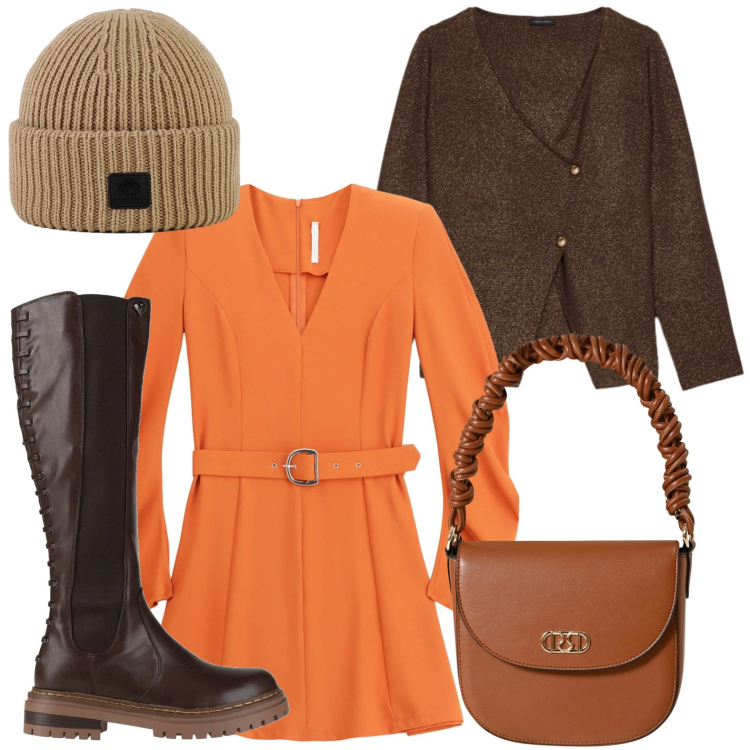 Outfit donna - Il vestito albicocca. Stile Basic per Ufficio. Abbinamento con stivali, borse a mano, vestiti corti, berretti, cardigans.