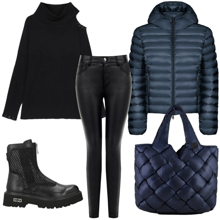 Outfit donna - Blu e nero. Stile Rock per Tutti i giorni. Abbinamento con stivaletti, pantaloni skinny, borse tote, bomber, maglieria.