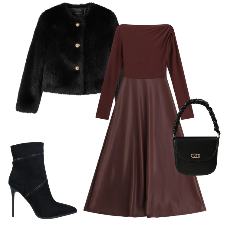 Outfit donna - Festeggiamenti. Stile Chic per Serata fuori. Abbinamento con stivaletti, ecopellicce, borse a mano, vestiti lunghi.