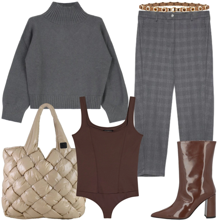 Outfit donna - Abbigliamento formale. Stile Urban per Ufficio. Abbinamento con stivaletti, cinture, maglieria, body, borse tote, pantaloni.