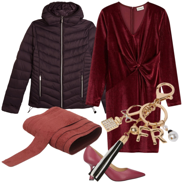 Outfit donna - Festa in velluto. Stile Chic per Serata fuori. Abbinamento con vestiti corti, décolleté, cinture, piumini, portachiavi.