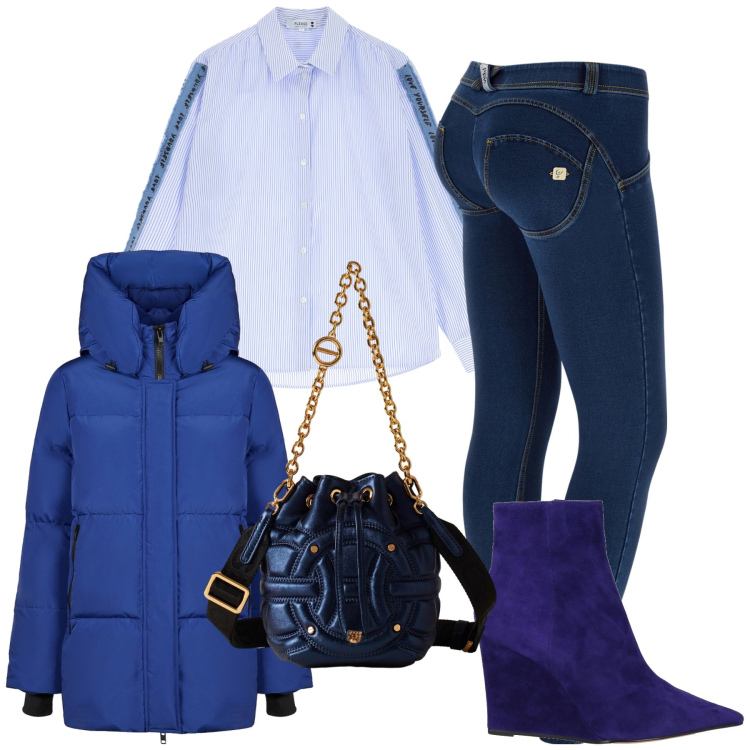 Outfit donna - All blue. Stile Sporty chic per Tutti i giorni. Abbinamento con stivaletti, camicie, jeggings, borse a secchiello, piumini.