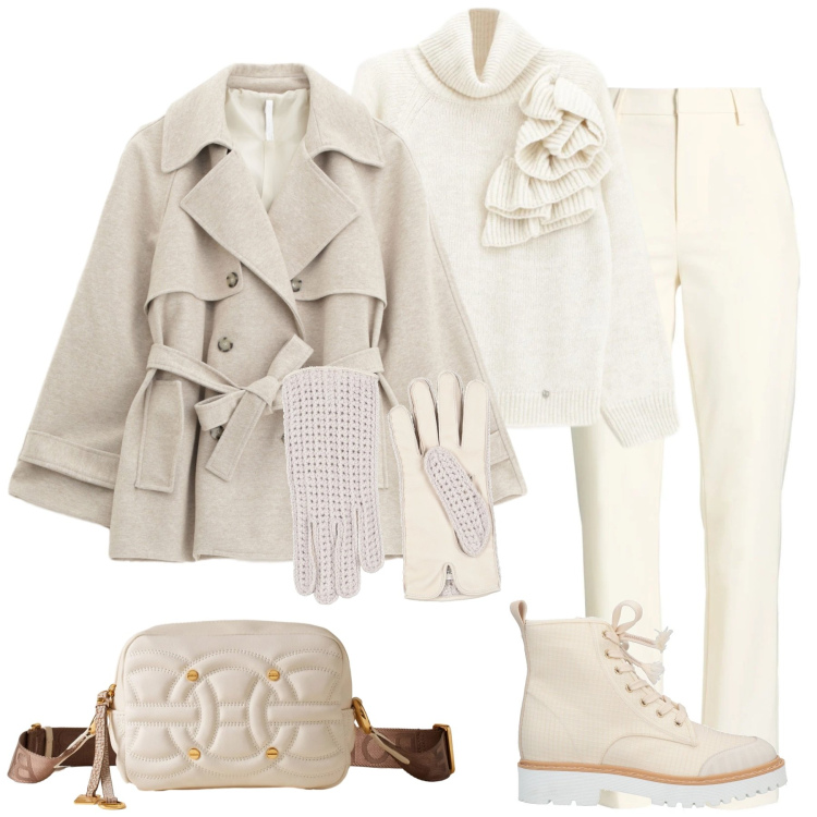 Outfit donna - Bianco in inverno. Stile Casual chic per Tutti i giorni. Abbinamento con anfibi, guanti, pantaloni, maglieria, trench, borse a tracolla.