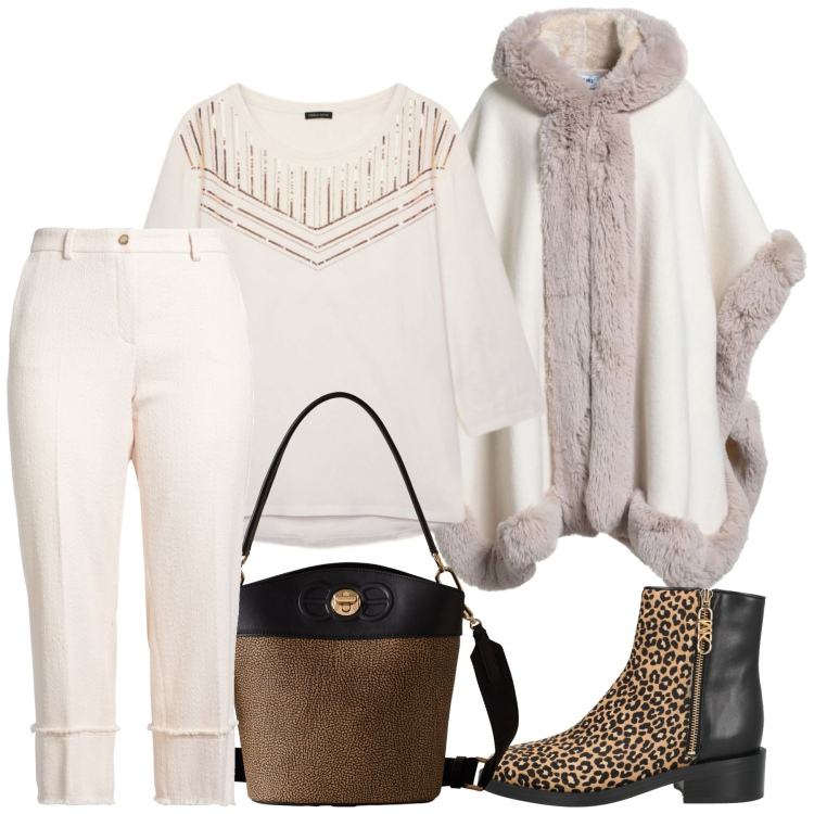 Outfit donna - Bianca come la neve. Stile Trendy per Serata fuori. Abbinamento con cappe, pantaloni, stivaletti, borse a secchiello, t-shirt.