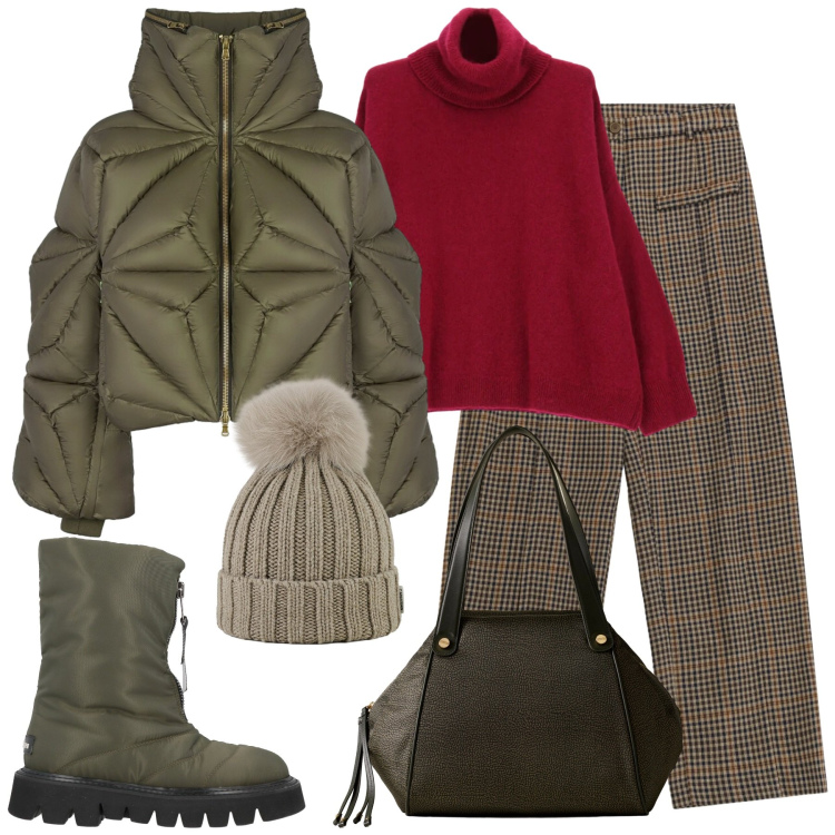 Outfit donna - Freddo dicembre. Stile Sporty chic per Tutti i giorni. Abbinamento con stivaletti, pantaloni a palazzo, maglieria, shopping bag, piumini, berretti.