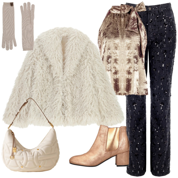 Outfit donna - Pronta a splendere. Stile Glamour per Serata fuori. Abbinamento con guanti, stivaletti chelsea, top, pantaloni, ecopellicce, borse a spalla.