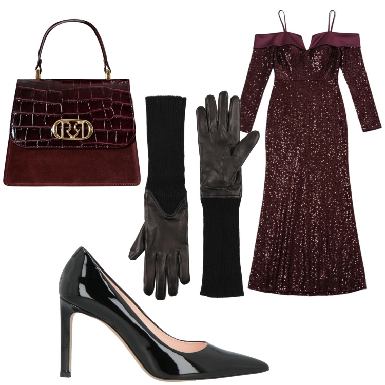 Outfit donna - Pronta per il veglione. Stile Glamour per Serata fuori. Abbinamento con guanti, décolleté, vestiti lunghi, borse a mano.