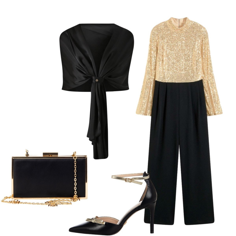 Outfit donna - Oro per la notte di Capodanno. Stile Glamour per Serata fuori. Abbinamento con tute, scialli, décolleté, pochette.