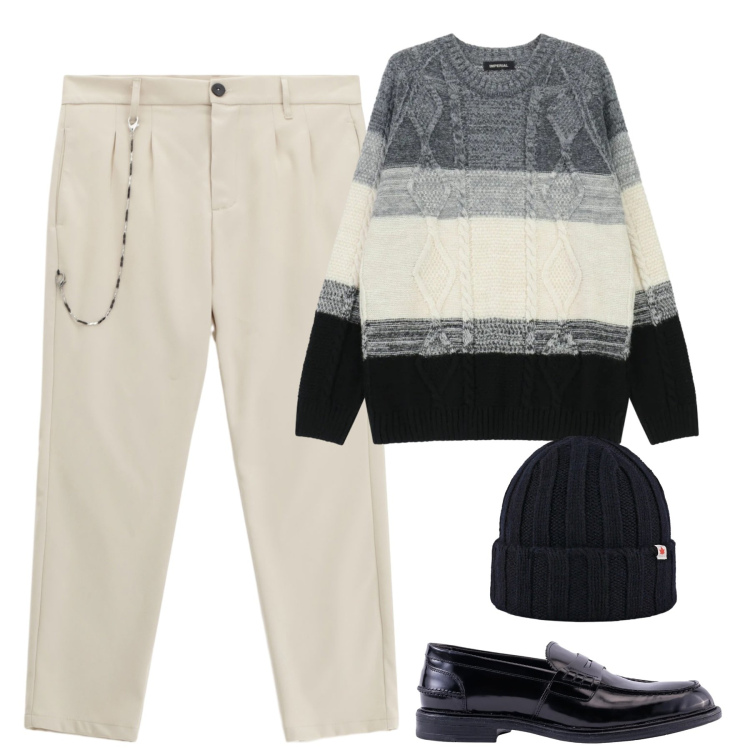 Outfit uomo - City. Stile Trendy per Tutti i giorni. Abbinamento con pantaloni, maglieria, berretti, scarpe stringate.